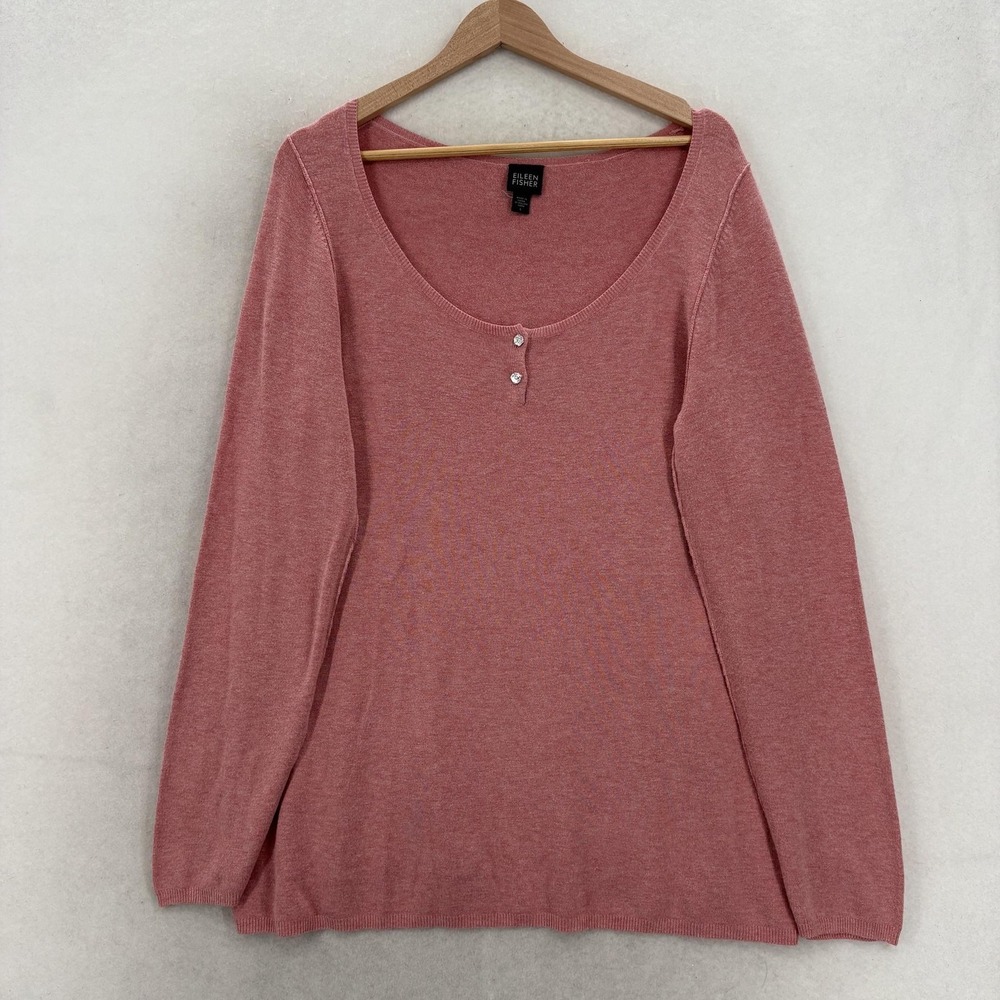 Eileen Fisher Henley Sweater Womens L Pink Viscose Nylon Scoop Neck Knit Top